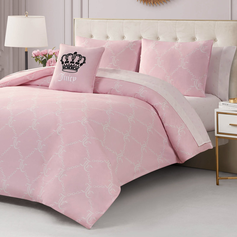 Juicy Couture Link Printed Bed-in-a-Bag Comforter Set, Queen Comforter + 7 Additional Pieces, Light Pink/White