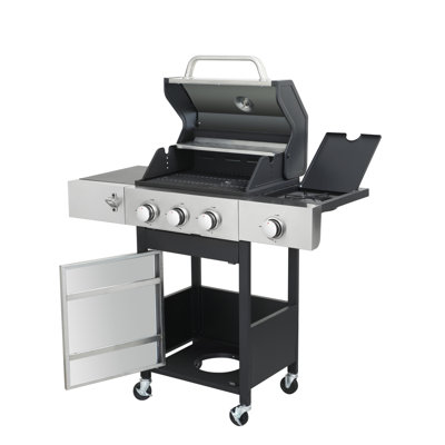 3Burner Propane Gas BBQ Grill With Side Burner, 37230BTU Output With Enameled Cast Iron Cooking Grids For Outdoor Barbecue, Stainless Steel
