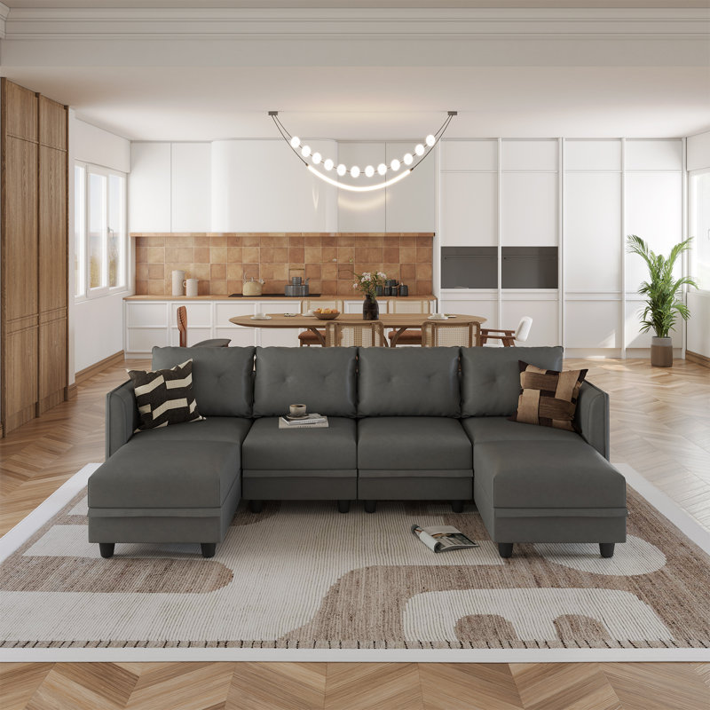Canapé modulaire en U rembourré 6 pièces avec rangement Tomario, Polyester gris