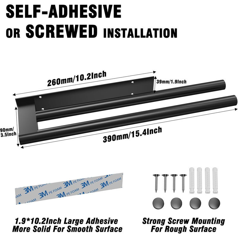 15-Inch Space-Saving Matte Black Towel Holder With Adhesive/Screws For Wall Mounting - Stainless Steel, Rustproof, Black