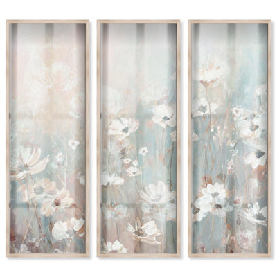 Champ fleuri - Ira Comleva, reproduction abstraite grand format en trois parties sous verre, par Art Remedy, cadre blond, 16 x 48