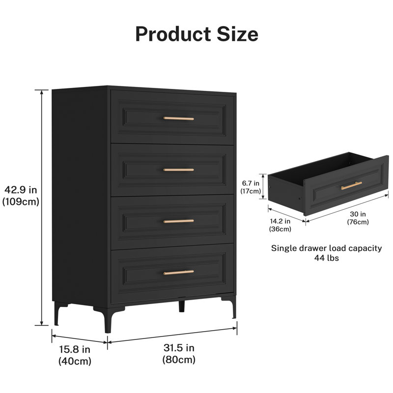 Commode de chambre 31,5 po à 4 tiroirs en métal pour commode de chambre, Noir, noir, noir, noir