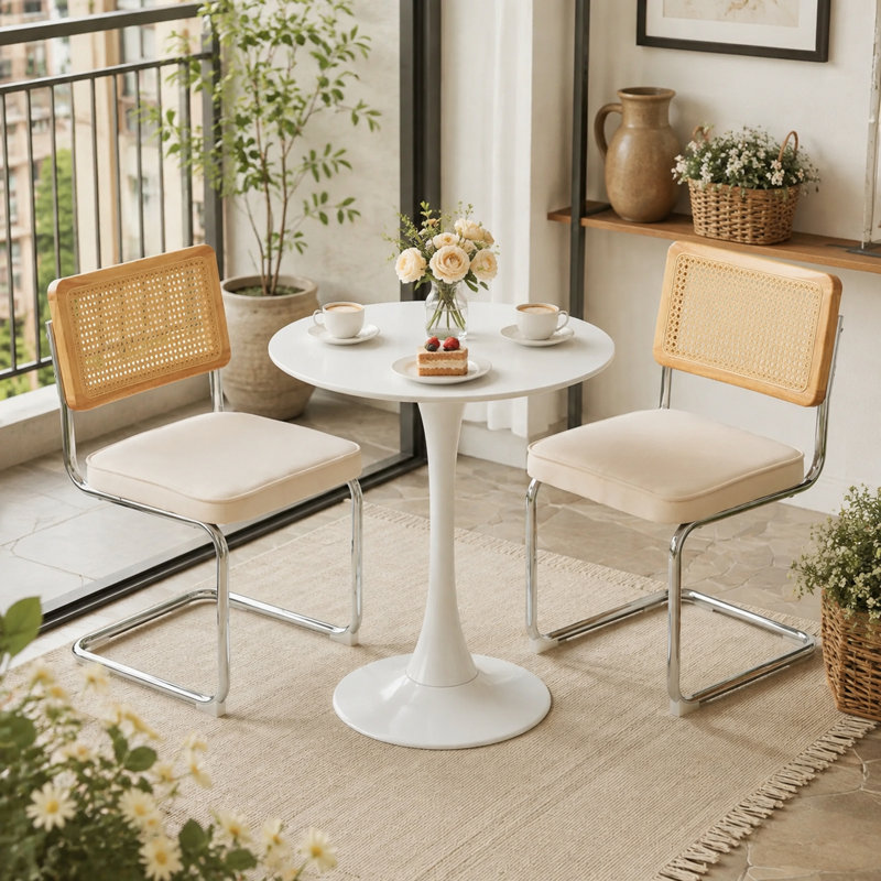 Chaises de salle à manger rembourrées de style Mid-Century avec dossier en rotin de canne et structure en porte-à-faux chromée