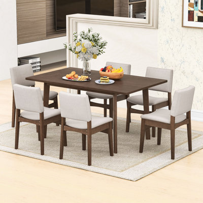 7Pcs Farmhouse Dining Set with Rectangular Table and 6 Upholstered Chairs for Space-Saving