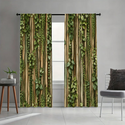2 Panels Light Filtering Curtains, Lush Green Leaves Vine on Wooden Fence Print Natural Forest Home Decor, Rod Pocket Easy Installation Window Drapes for Living Room Bedroom Dormitory and Cabinet Decoration