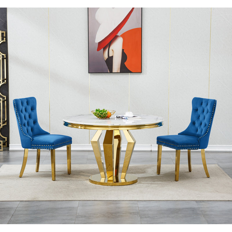 White Marble Dining Table, Luxurious 44.88" Round Dining Room Table with Printed Marble Top and Diamond Shape Stainless Steel Pedestal, Modern Circle Kitchen Table for 6