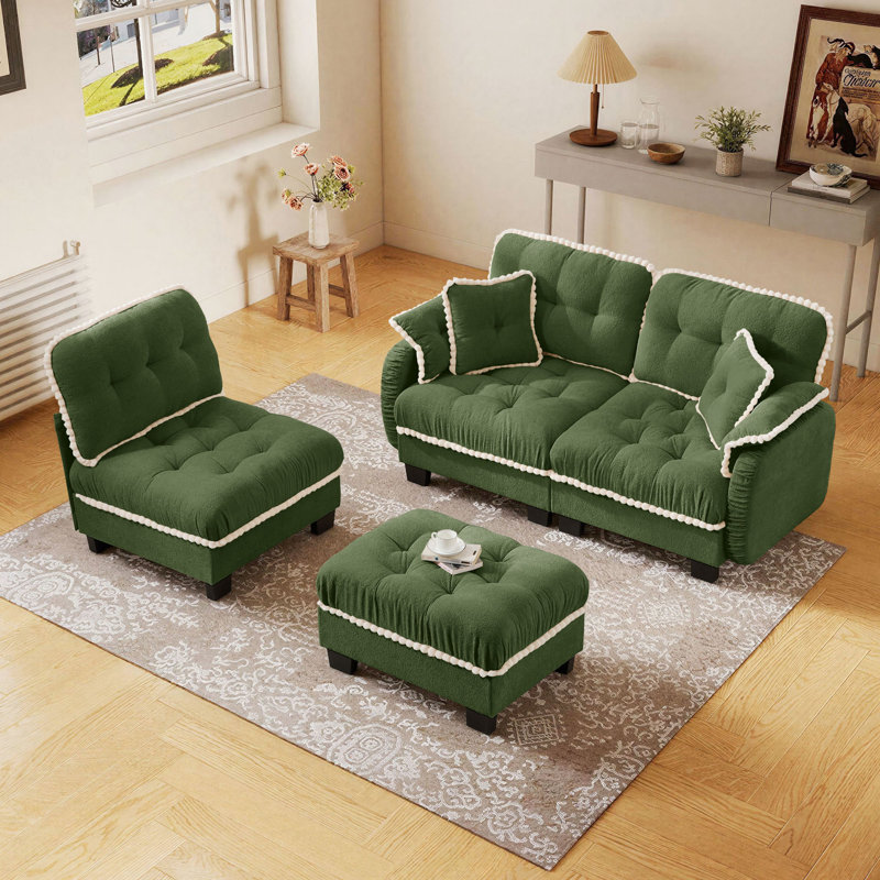 Canapé modulaire en L avec repose-pieds et repose-pieds Chenille, Green Chenille, 35" H x 100" W x 32" D