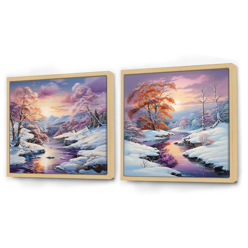 Coucher de soleil et rivière à neige Winter River, Cadre flottant brun, H 16 po x l 33 po
