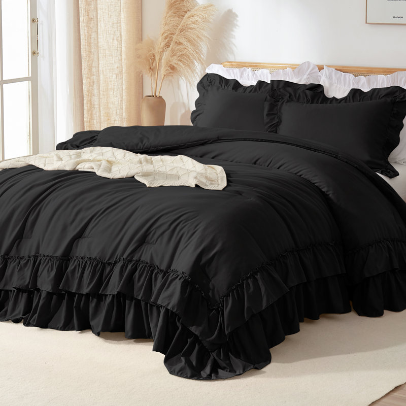 Ensemble de couette à volants Suncomfy, format Queen, 3 pièces, style shabby chic, noir, 229 x 229 cm, couette à volants double épaisseur, douce et légère pour un confort optimal en toute saison.