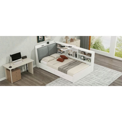 Lit plateforme en bois avec tête de lit, tablettes et 2 tiroirs