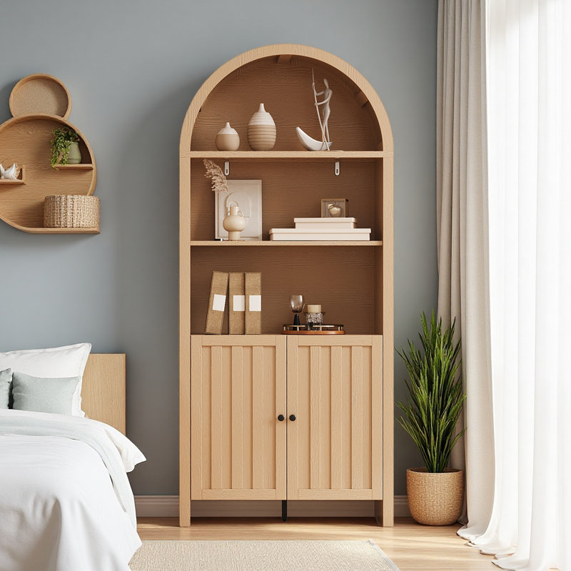 Bibliothèque 71 po de hauteur avec dessus arqué et armoire de rangement, Bois rustique