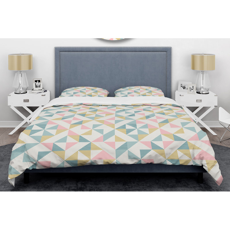 Ensemble de housse de couette mid-century diamond rétro, Housse simple + 1 taie décorative, Bleu / rose / blanc