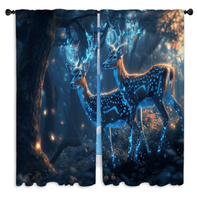 Glowing Deer Window Curtains  Fantasy Enchanted Forest Drapes - 2 Panels
