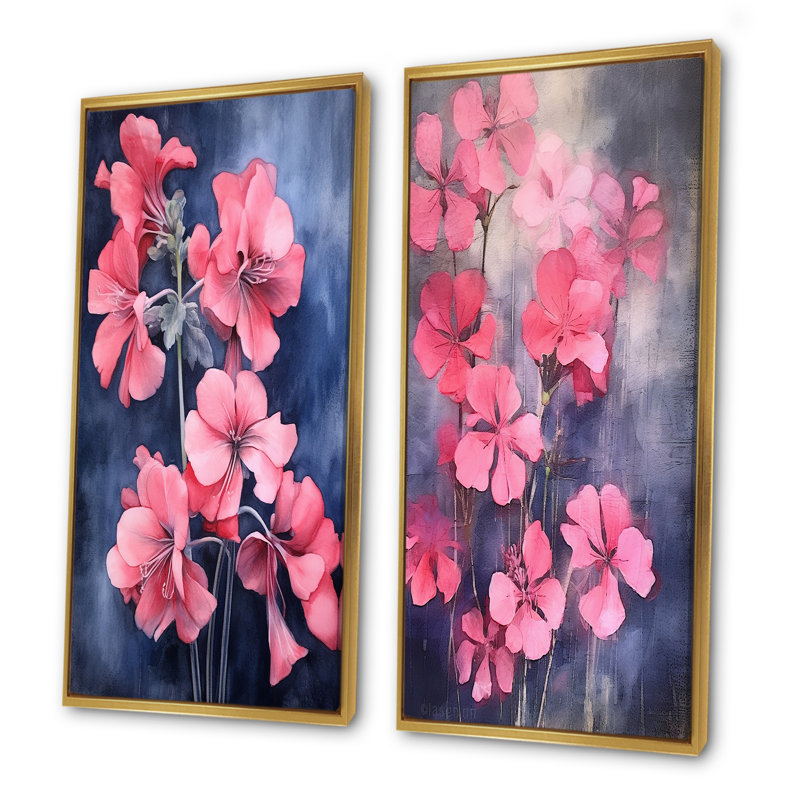 «Blue and Pink Geranium Minimal Expression - Geraniums», ensemble d'art mural sur toile, Encadrement doré, H 40 po x l 41 po