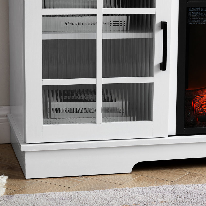 Meuble télé 65 po avec portes coulissantes et foyer, blanc et brun, bureau pratique avec foyer de 23 po - s'adapte à la télévision et offre un grand espace de travail
