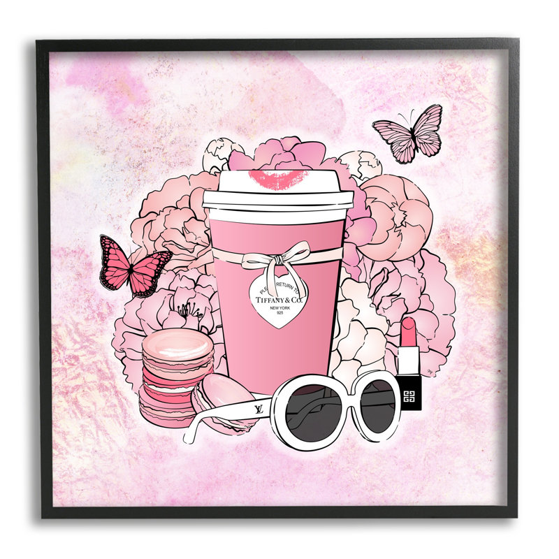 «Pink Glam Coffee» et accessoires encadrés sur bois par Martina Pavlova, Giclée encadrée noir minuit