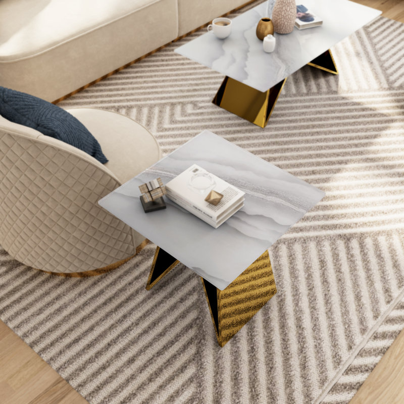 24 Inch White Tempered Glass End Table Set With Gold M-Shaped Base Set Of 2