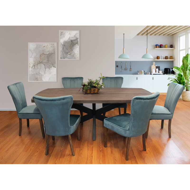 Aryhanna Solid Wood Top Trestle Dining Set, Brown, Blue, 7 Pieces: Table, 6 Chairs