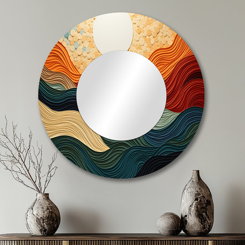 Desert Sands Abstract - grand miroir décoratif, miroir mural rond bleu sarcelle, impression d'art en métal, 29 po x 29 po
