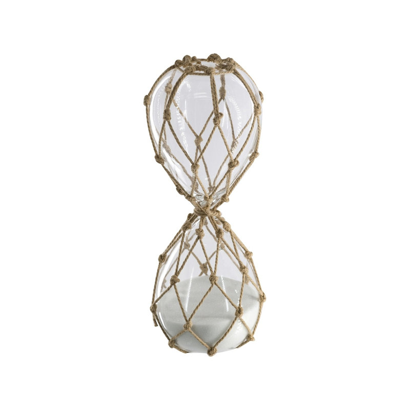 Minuterie transparente en forme de sablier 30 minutes avec sable blanc et filet de coton brun clair - 3,4 po x 8,2 po