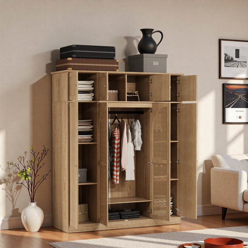 Armoire-penderie à grande capacité avec tringle, tablettes réglables et portes décoratives en rotin, Naturel