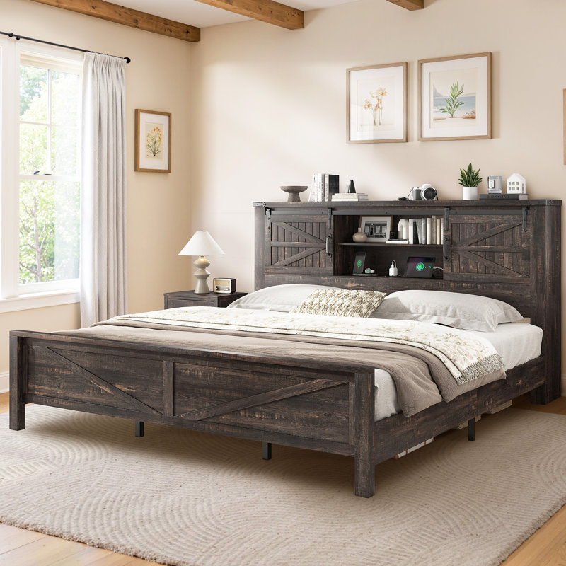  Oceant Sherell Farmhouse King Bed Frame Storage Bookcase Headboard, Dark Oak, Black, King