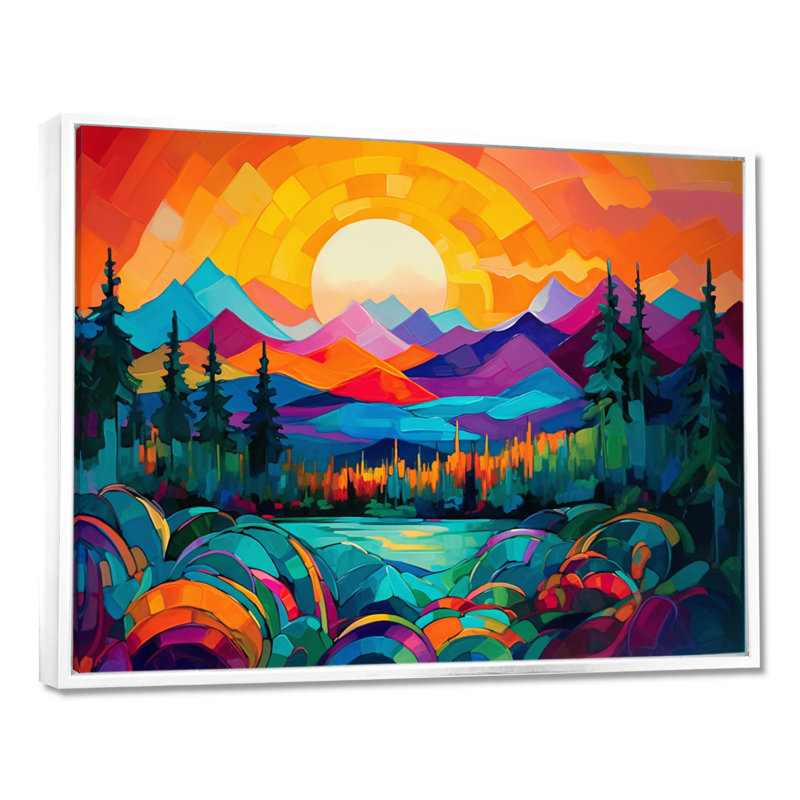«Vibrant Sunset Shining Over Mountains II», art sur toile, H 24 po x l 32 po x P 1 po, Cadre flottant blanc