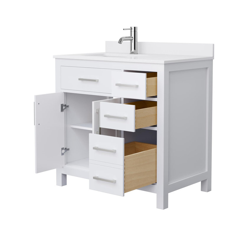 Beckett 36" Freestanding Single Bathroom Vanity with Cultured Marble Top, Brushed Nickel, White Cultured Marble, White