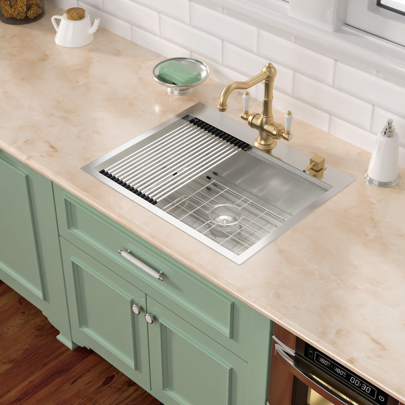 28" L x 22" W Workstation Drop-In Kitchen Sink Single Bowl Stainless Steel Handmade Kitchen Sink with Two Faucet Holes