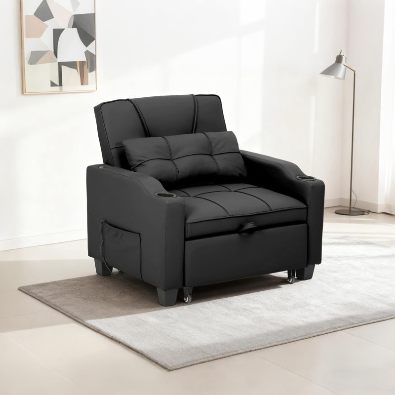 GarveeHome Sleeper Chair Pull Out Bed, 4 in 1 Convertible Sofa Chair Bed with Plug-in Vibration Massage Lumbar Pillow, Single Sofa Recliner Bed with USB/Type-C Port, Cup Holders and Side Pocket for Small Spaces