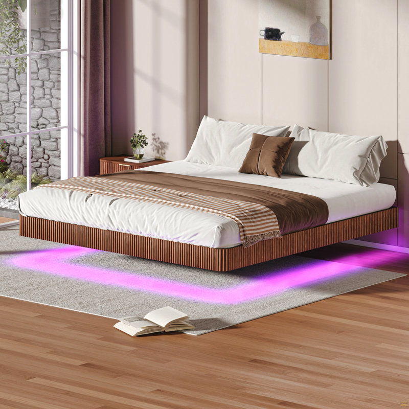 King Floating Bed Frame With LED Lights, Wave Curve Wood Texture Bed With Heavy Duty Metal Slats, Walnut, King