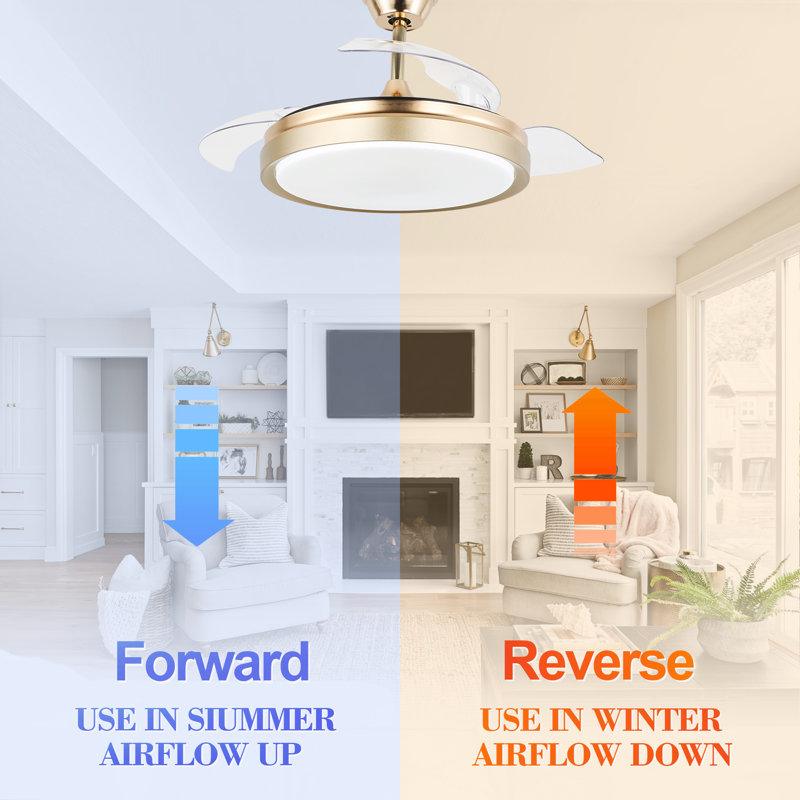 Gold 42'' Retractable Blade Ceiling Fan with LED Light and Remote