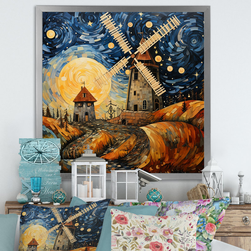 «Countryside Windmillscape At Night 1 - Wind Turbines», art mural, H 16 po x l 16 po x P 1 po, Encadrement doré