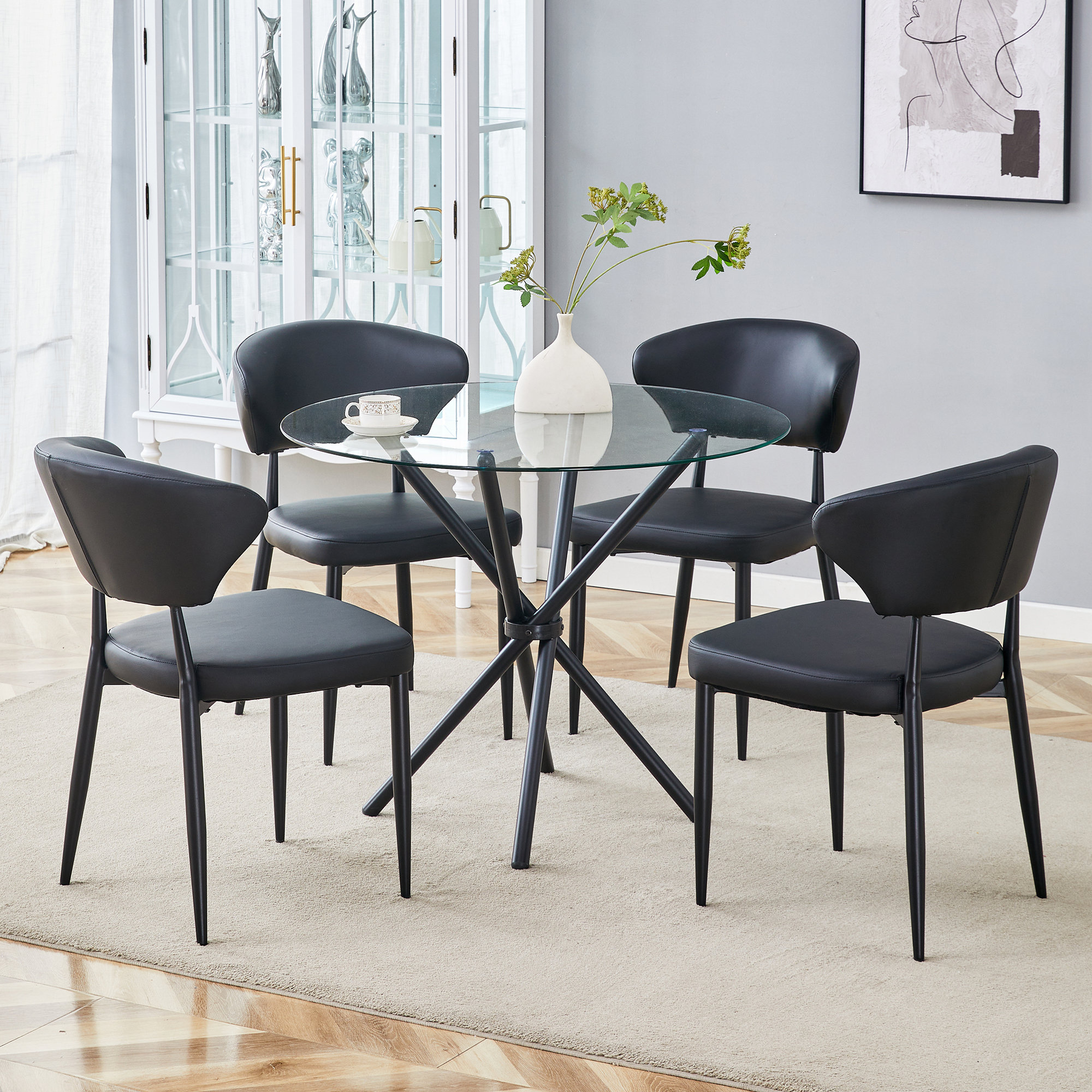 Ivy Bronx Table And Chair Set.A Modern Transparent Tempered Glass Round ...