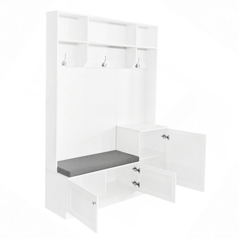 Portemanteau élégant avec des solutions de confort et de rangement, armoire à chaussures fonctionnelle avec banc et coussin, portemanteau moderne avec crochets pour les entrées