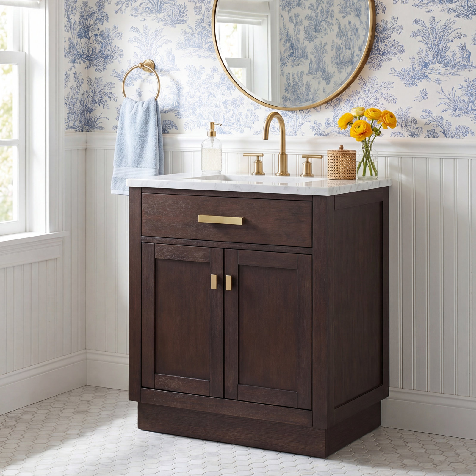 Breshey Carrara Marble Single Bathroom Vanity, Brown, 30"W x 21.6"D x 34.2"H