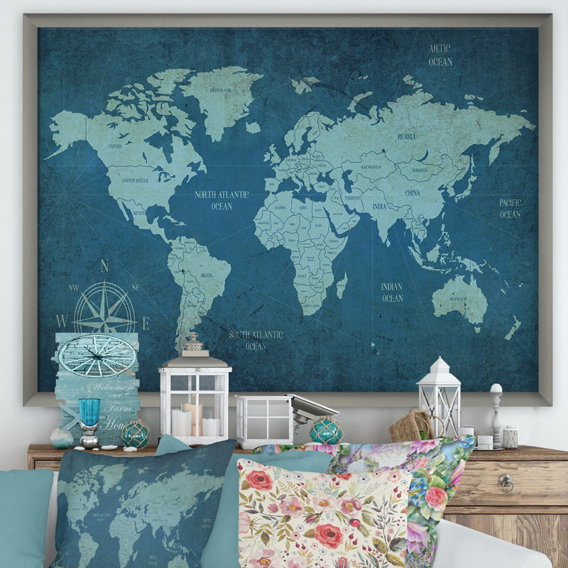 «Slate World Map II», reproduction d'impression sur toile, H 24 po x l 36 po x P 1 po, Cadre flottant noir