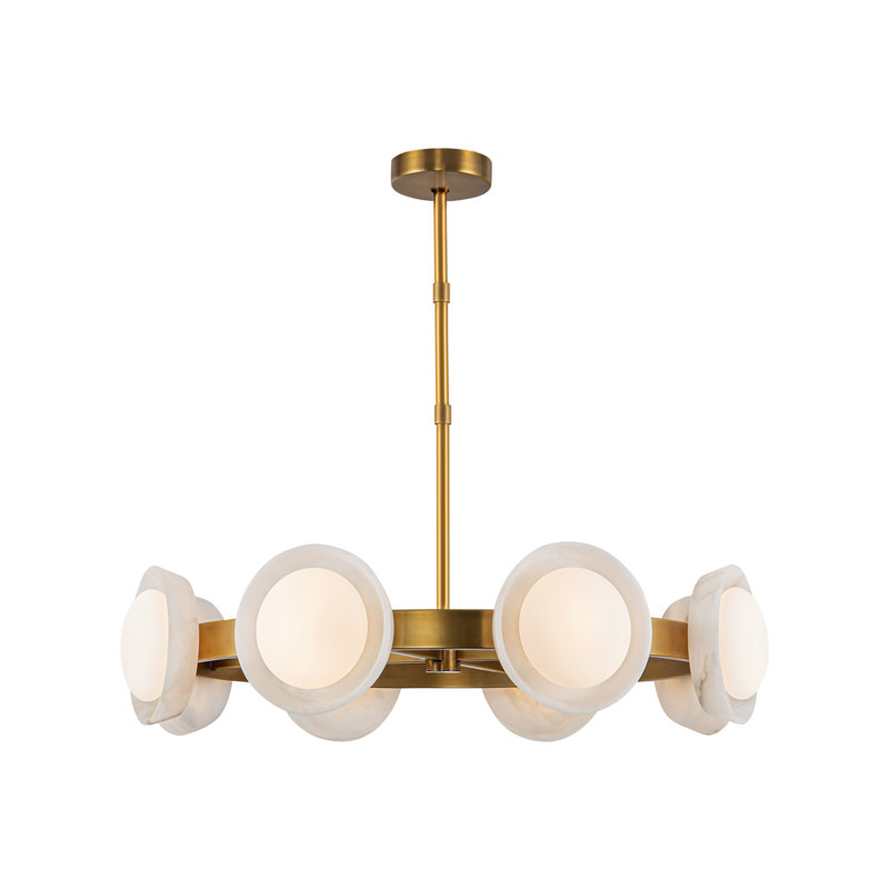 Lustre à 8 lumières DEL avec abat-jour albâtre Alonso, Laiton rétro