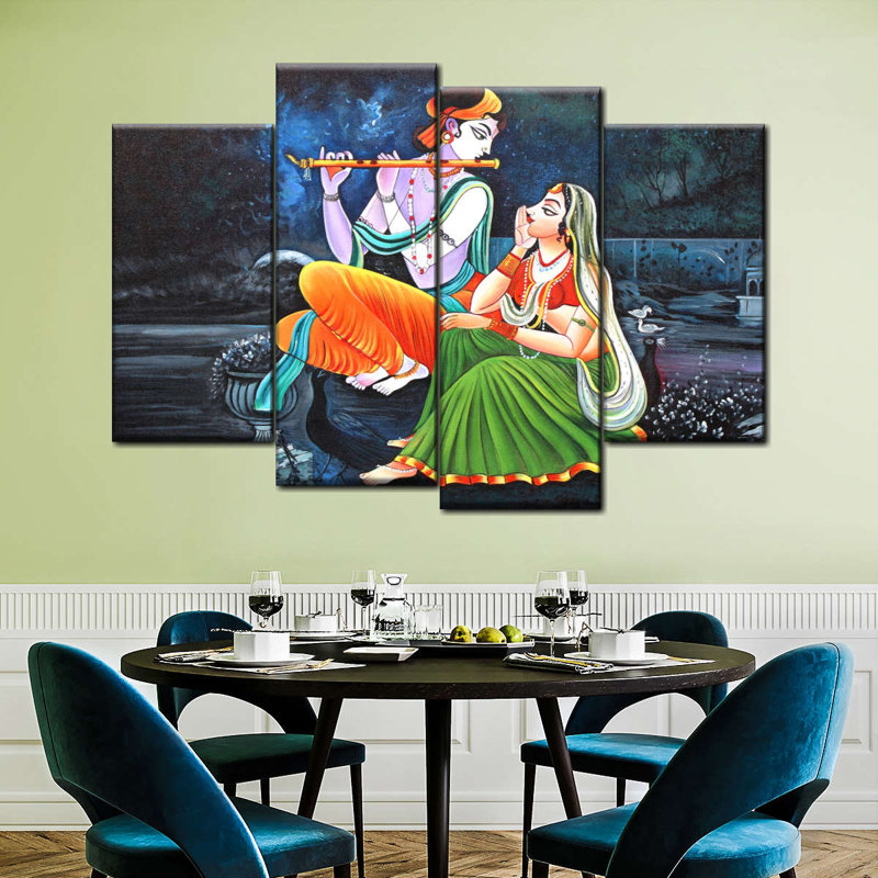 Radha Krishna sur toile, reproduction de 4 pièces, H 32 po x l 52 po x P 1,25 po