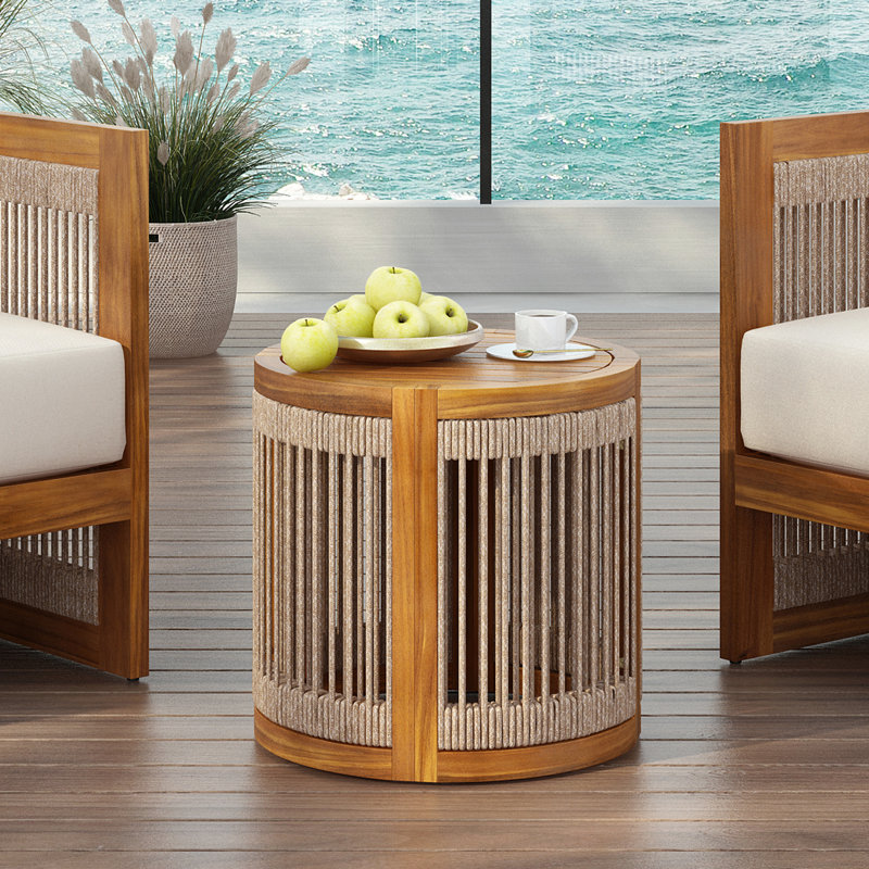 Table d'appoint d'extérieur en bois d'acacia 16,9 po - Corde d'appoint Boho