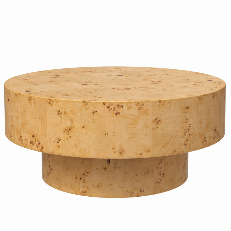 Handcrafted Burl Wood Round Coffee Table with Strudy Pedestal, Mid-Century Modern Solid Wood Coffee Table for Living Room