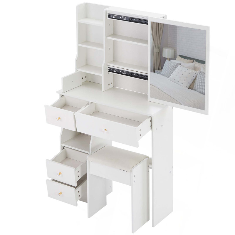 29.2" Small Space Left Drawer Desktop Vanity Table   Cushioned Stool, Extra Large Right Sliding Mirror, Multi Layer High Capacity Storage, Practical Fashionable Dresser, Suitable For Small Space