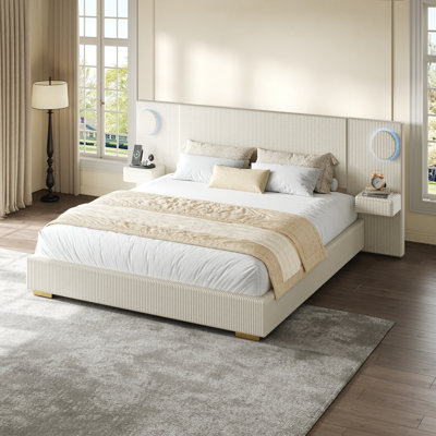 Très grand lit plateforme tapissier avec lumières circulaires à DEL, ports de chargement USB et tiroirs de rangement, beige
