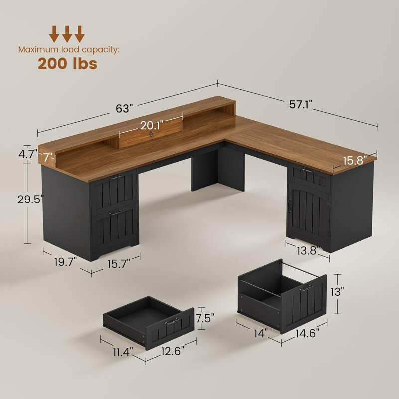 Bureau en L 63 po avec tiroirs, bureau d'ordinateur de coin Farmhouse, Noir / brun