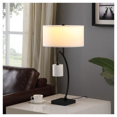 28.5'' Contemporary Dual Black Arc Metal Table Lamp with Hanging Pendant, 3-Way Switch & Cotton Linen Shade - Modern Desk Lighting