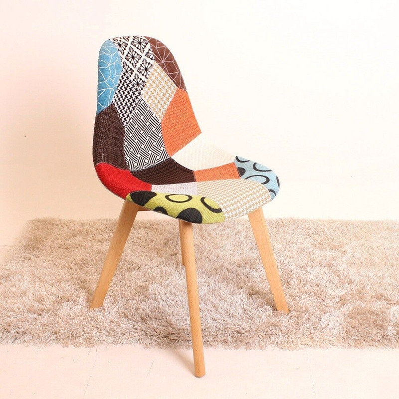 Theresa Patchwork Retro Dining Chair - Fabric Upholstered Seat and Curved Back with Foam Padding and Solid Wooden Legs - Side Chair for Dining Room Kitchen Living Room - Single