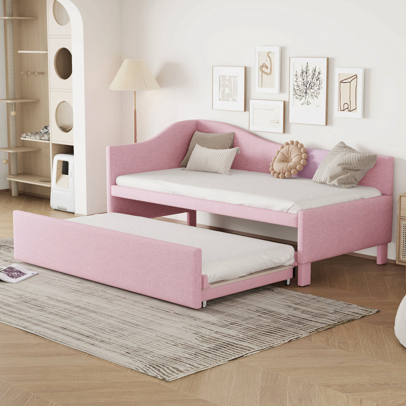 Twin Size Upholstered L-Shaped Upholstered Daybed With Pop Up Trundle, Pink