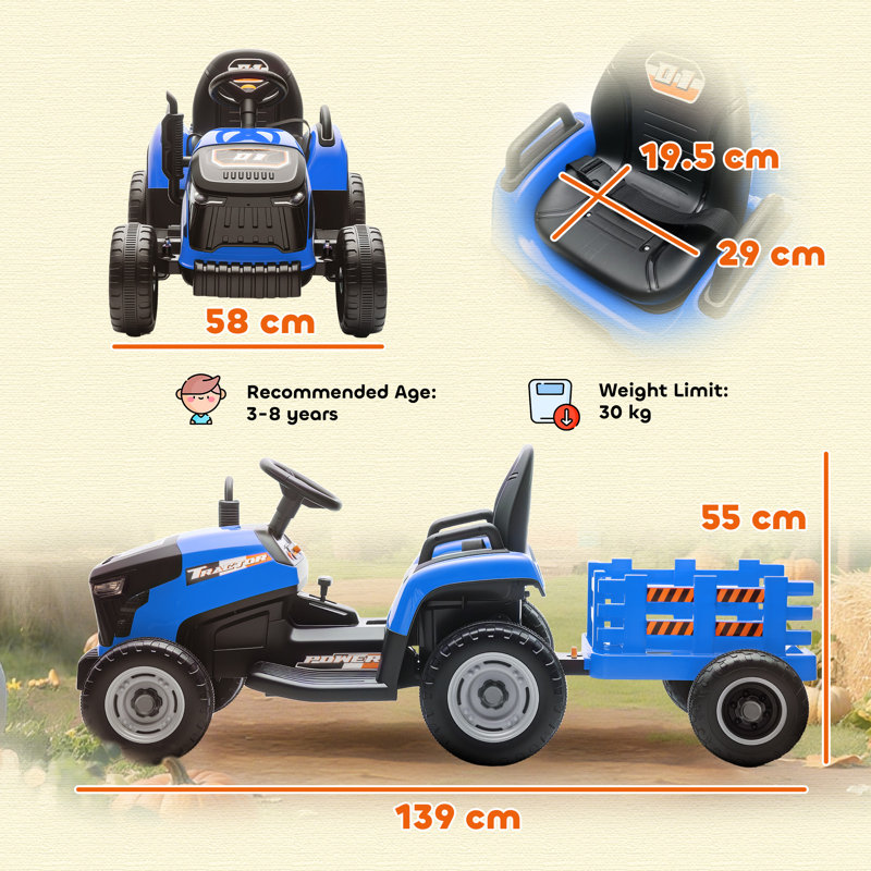AIYAPLAY Ride on Tractor with Trailer 12V Remote Control Ages 3-8, Blue