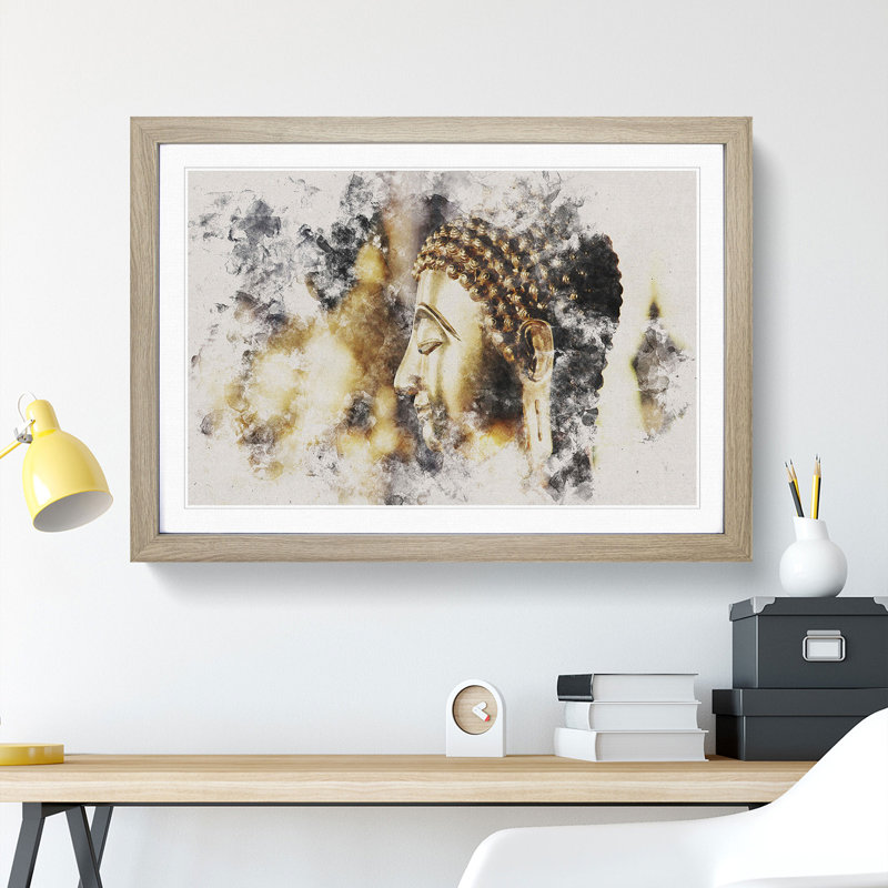 Buddha Statue Vol.5 Watercolour - Picture Frame Graphic Art, 65cm H x 90cm W x 2cm D, Oak