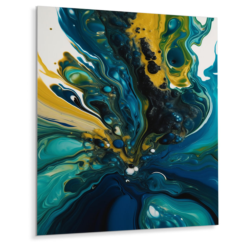 Sarcelle et jaune liquide Dreams II - formes abstraites, impression sur métal, H 32 po x l 24 po x P 1 po